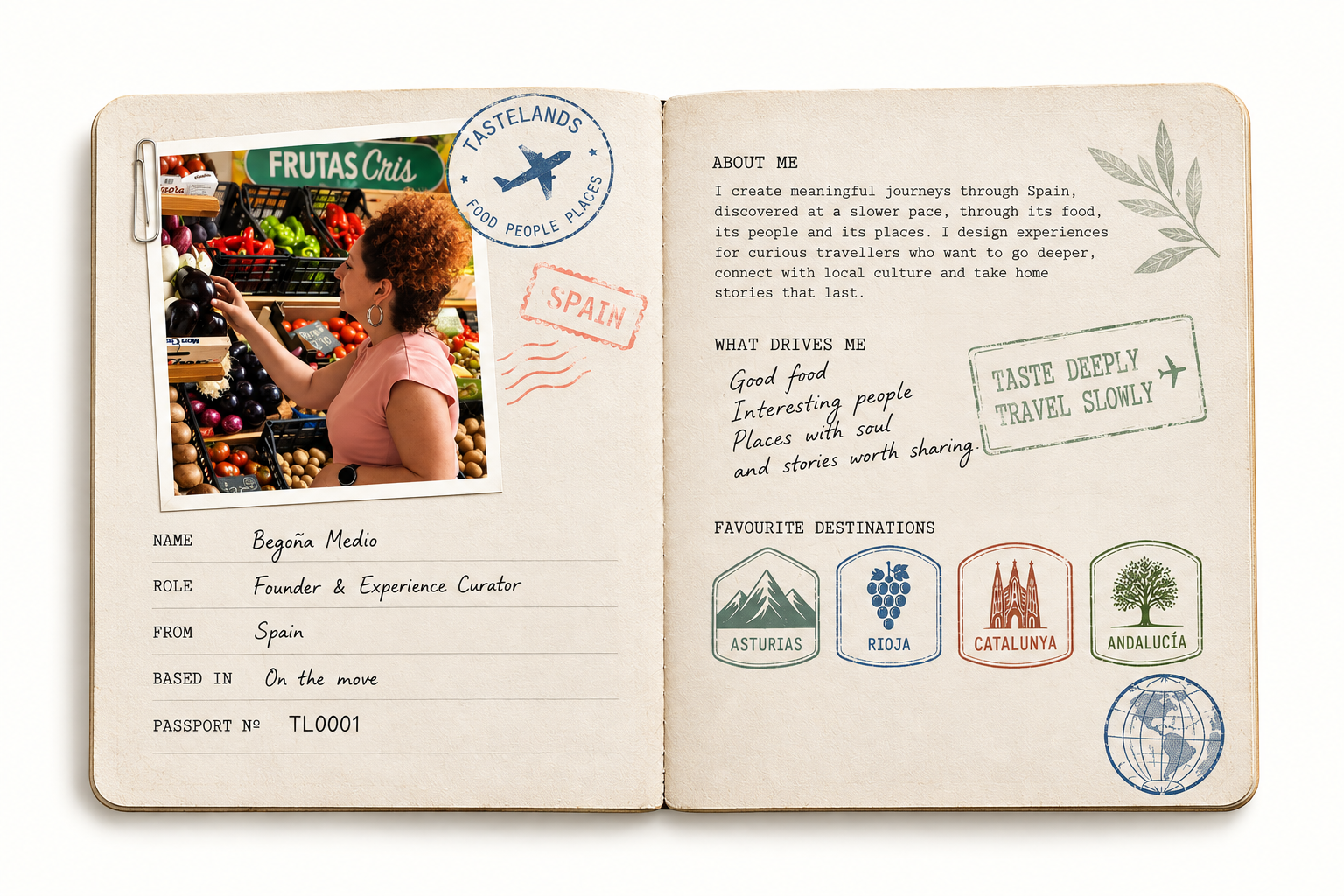 Tastelands travel passport introducing Begoña Medio, founder and experience curator.